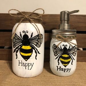 Hand painted white bee mason jars, soap dispenser